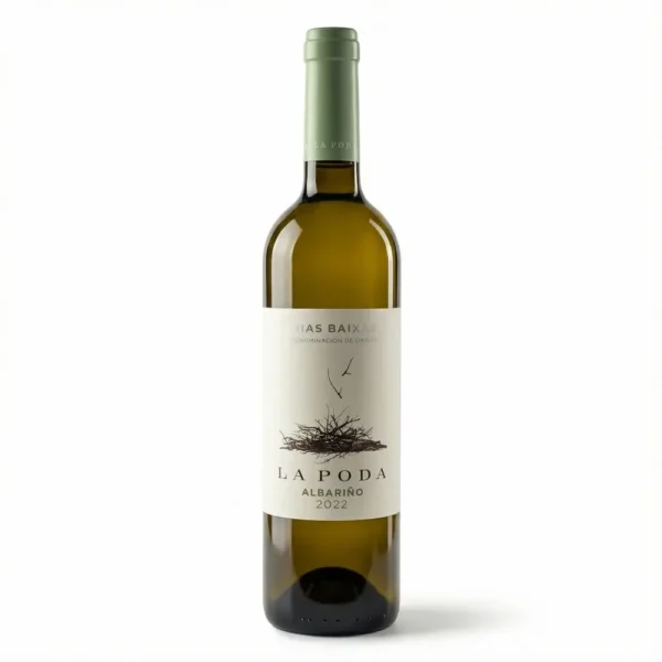 Flaske La Poda Albariño 2022 hvidvin fra Rías Baixas i Spanien med lys glasflaske og moderne etiket i lyse nuancer.