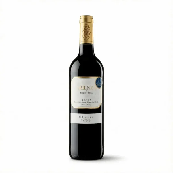 Flaske Arienzo Rioja Crianza rødvin fra Rioja i Spanien med mørk glasflaske og klassisk etiket i rød og guld.